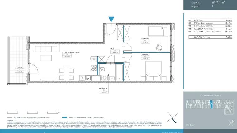 Rzut - Mieszkanie na sprzedaż 3 pokoje o powierzchni 61,71 m² - numer 1.2.1.04 w Nordic Powstańców Śląskich