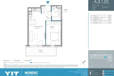 Rzut - Mieszkanie na sprzedaż 2 pokoje o powierzchni 41,74 m² - numer 1.3.1.03 w Nordic Powstańców Śląskich