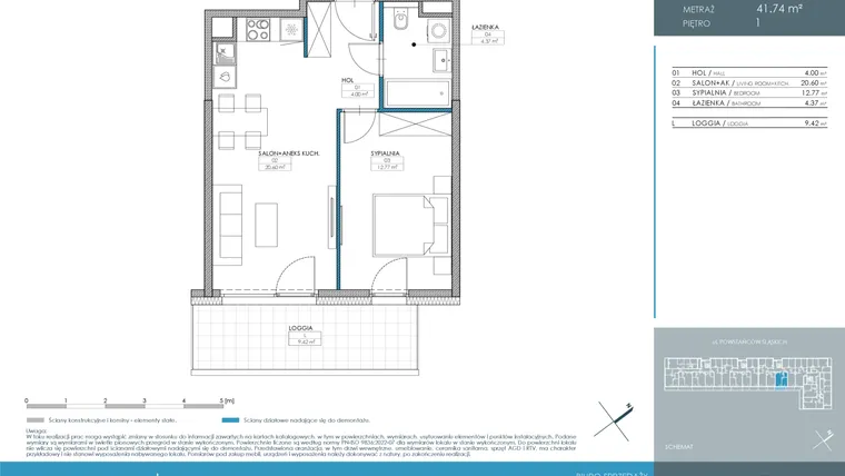Rzut - Mieszkanie na sprzedaż 2 pokoje o powierzchni 41,74 m² - numer 1.3.1.03 w Nordic Powstańców Śląskich