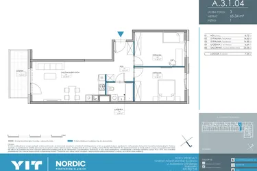 Rzut - Mieszkanie na sprzedaż 3 pokoje o powierzchni 65,34 m² - numer 1.3.1.04 w Nordic Powstańców Śląskich