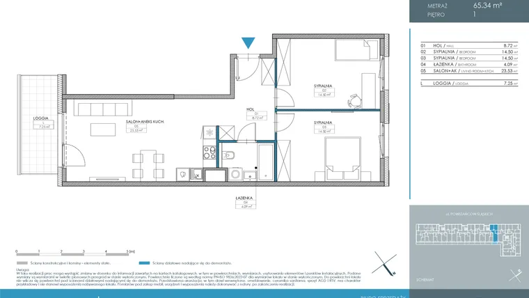Rzut - Mieszkanie na sprzedaż 3 pokoje o powierzchni 65,34 m² - numer 1.3.1.04 w Nordic Powstańców Śląskich