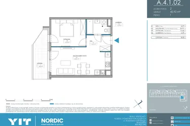 Rzut - Mieszkanie na sprzedaż 2 pokoje o powierzchni 40,92 m² - numer 1.4.1.02 w Nordic Powstańców Śląskich