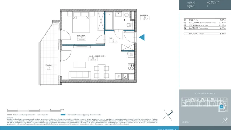 Rzut - Mieszkanie na sprzedaż 2 pokoje o powierzchni 40,92 m² - numer 1.4.1.02 w Nordic Powstańców Śląskich