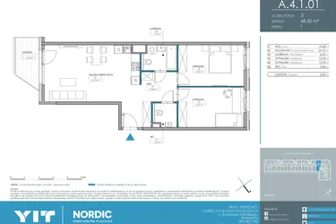 Rzut - Mieszkanie na sprzedaż 3 pokoje o powierzchni 68,5 m² - numer 1.4.1.01 w Nordic Powstańców Śląskich