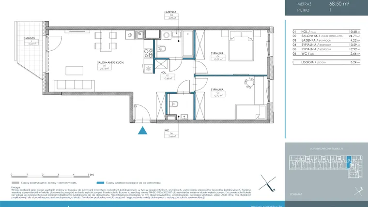 Rzut - Mieszkanie na sprzedaż 3 pokoje o powierzchni 68,5 m² - numer 1.4.1.01 w Nordic Powstańców Śląskich