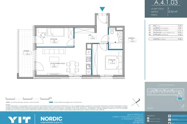 Rzut - Mieszkanie na sprzedaż 3 pokoje o powierzchni 53,54 m² - numer 1.4.1.03 w Nordic Powstańców Śląskich