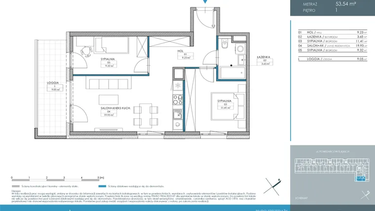 Rzut - Mieszkanie na sprzedaż 3 pokoje o powierzchni 53,54 m² - numer 1.4.1.03 w Nordic Powstańców Śląskich