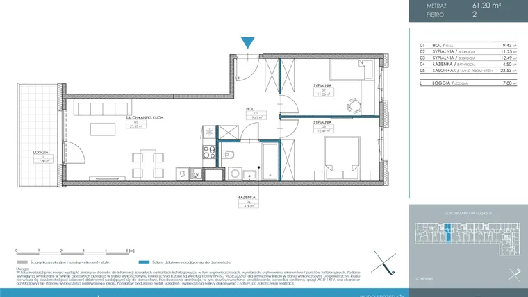 Rzut - Mieszkanie na sprzedaż 3 pokoje o powierzchni 61,2 m² - numer 1.1.2.06 w Nordic Powstańców Śląskich