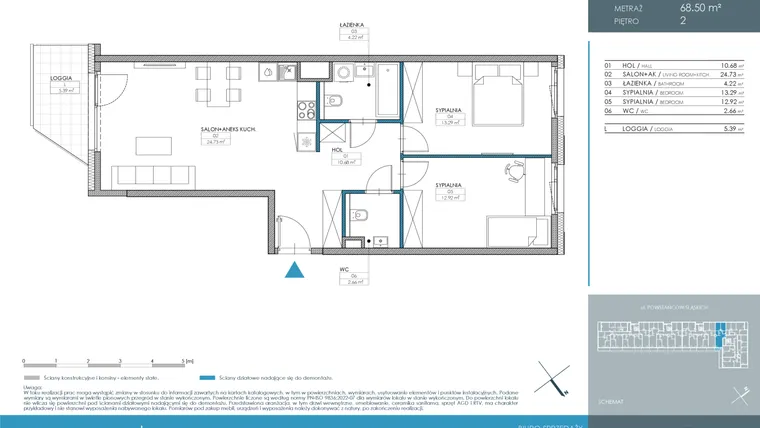 Rzut - Mieszkanie na sprzedaż 3 pokoje o powierzchni 68,5 m² - numer 1.4.2.01 w Nordic Powstańców Śląskich