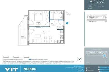 Rzut - Mieszkanie na sprzedaż 2 pokoje o powierzchni 41,21 m² - numer 1.4.2.02 w Nordic Powstańców Śląskich
