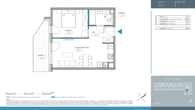 Rzut - Mieszkanie na sprzedaż 2 pokoje o powierzchni 41,21 m² - numer 1.4.2.02 w Nordic Powstańców Śląskich