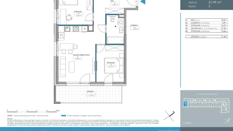 Rzut - Mieszkanie na sprzedaż 3 pokoje o powierzchni 57,99 m² - numer 1.1.3.02 w Nordic Powstańców Śląskich