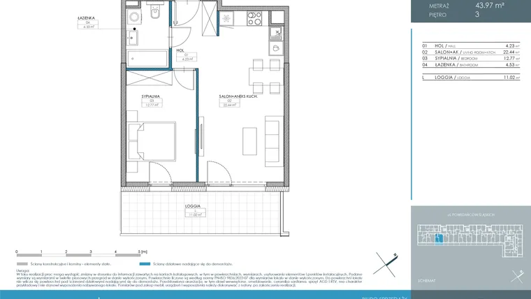 Rzut - Mieszkanie na sprzedaż 2 pokoje o powierzchni 43,97 m² - numer 1.1.3.04 w Nordic Powstańców Śląskich