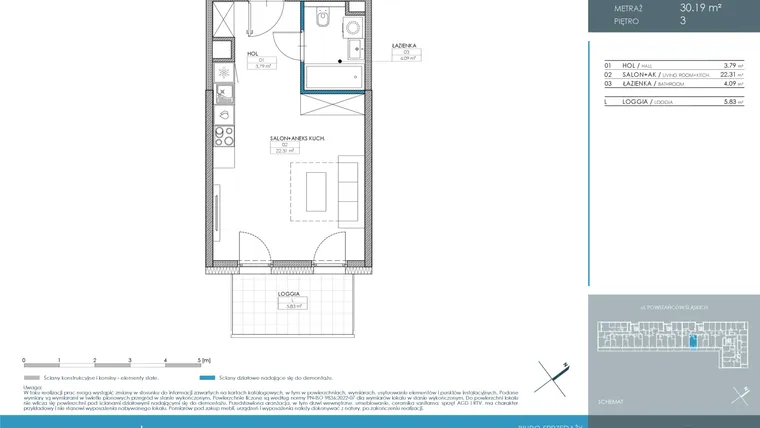 Rzut - Mieszkanie na sprzedaż 1 pokój o powierzchni 30,19 m² - numer 1.3.3.02 w Nordic Powstańców Śląskich