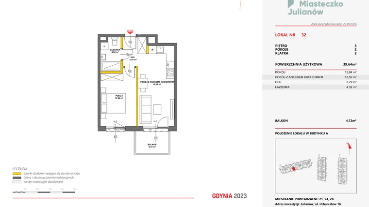 Rzut - Mieszkanie na sprzedaż 2 pokoje o powierzchni 39,57 m² - numer 32 w Miasteczko Julianów