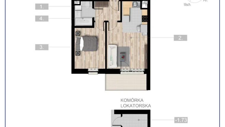Rzut - Mieszkanie na sprzedaż 2 pokoje o powierzchni 40,81 m² - numer 1 w Szczytno Dąbrowskiego - etap 3