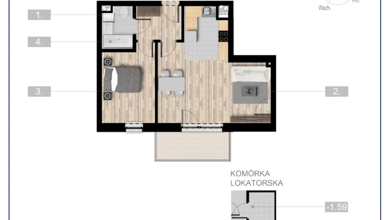 Rzut - Mieszkanie na sprzedaż 2 pokoje o powierzchni 48,32 m² - numer 21 w Szczytno Dąbrowskiego - etap 3