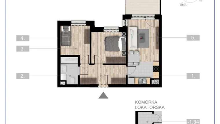 Rzut - Mieszkanie na sprzedaż 3 pokoje o powierzchni 49,92 m² - numer 42 w Szczytno Dąbrowskiego - etap 3
