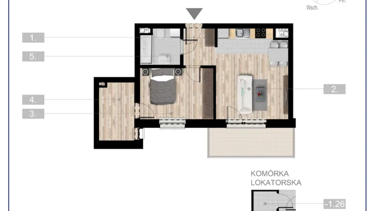Rzut - Mieszkanie na sprzedaż 3 pokoje o powierzchni 47,06 m² - numer 50 w Szczytno Dąbrowskiego - etap 3