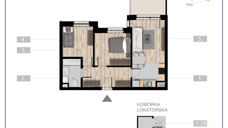 Rzut - Mieszkanie na sprzedaż 3 pokoje o powierzchni 49,92 m² - numer 57 w Szczytno Dąbrowskiego - etap 3