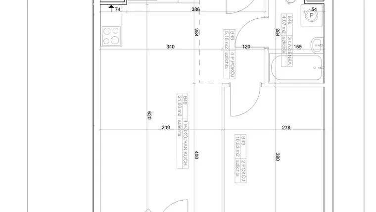 Rzut - Mieszkanie na sprzedaż 2 pokoje o powierzchni 41,11 m² - numer I-B49 w Industria etap I-B