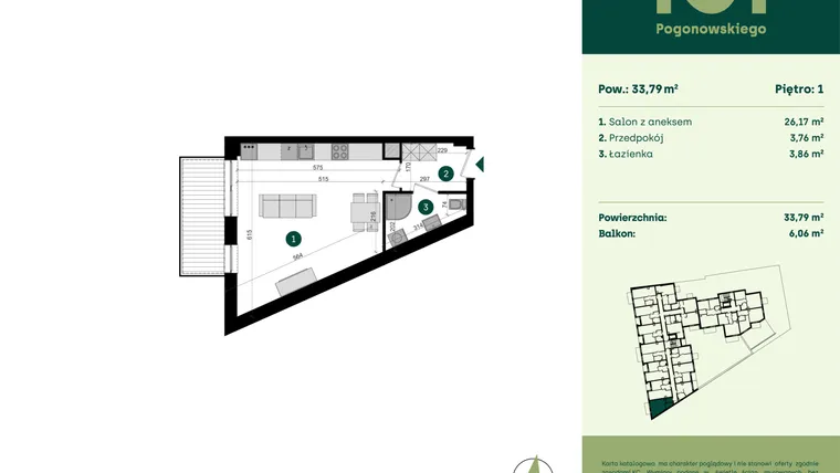 Rzut - Mieszkanie na sprzedaż 1 pokój o powierzchni 33,79 m² - numer POGO2/A/2D w Pogonowskiego 52