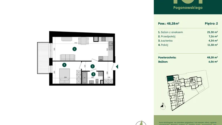Rzut - Mieszkanie na sprzedaż 2 pokoje o powierzchni 48,28 m² - numer POGO2/A/3J w Pogonowskiego 52