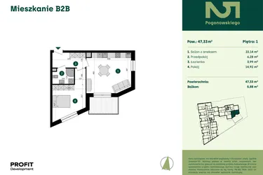 Rzut - Mieszkanie na sprzedaż 2 pokoje o powierzchni 47,33 m² - numer POGO2/B/2B w Pogonowskiego 52