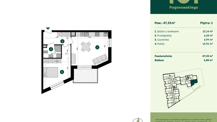 Rzut - Mieszkanie na sprzedaż 2 pokoje o powierzchni 47,33 m² - numer POGO2/B/2B w Pogonowskiego 52