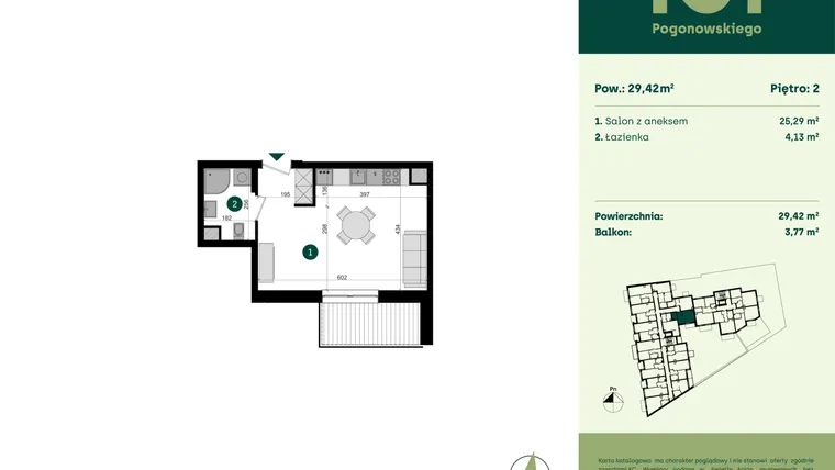 Rzut - Mieszkanie na sprzedaż 1 pokój o powierzchni 29,42 m² - numer POGO2/A/3M w Pogonowskiego 52
