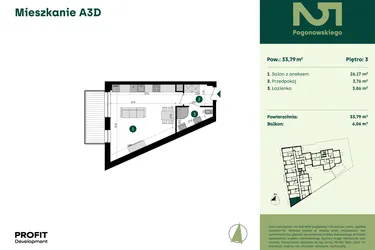 Rzut - Mieszkanie na sprzedaż 1 pokój o powierzchni 33,79 m² - numer POGO2/A/3D w Pogonowskiego 52