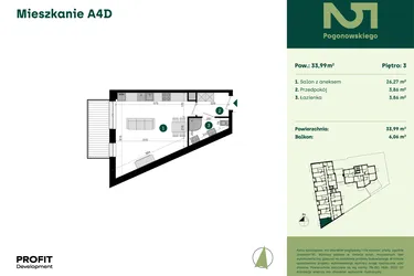 Rzut - Mieszkanie na sprzedaż 1 pokój o powierzchni 33,99 m² - numer POGO2/A/4D w Pogonowskiego 52