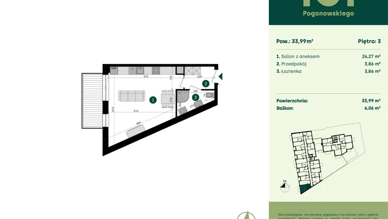 Rzut - Mieszkanie na sprzedaż 1 pokój o powierzchni 33,99 m² - numer POGO2/A/4D w Pogonowskiego 52