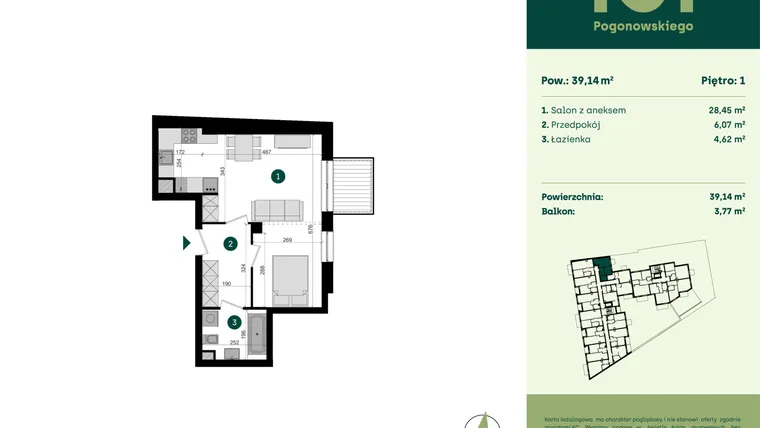 Rzut - Mieszkanie na sprzedaż 1 pokój o powierzchni 39,14 m² - numer POGO2/A/2K w Pogonowskiego 52