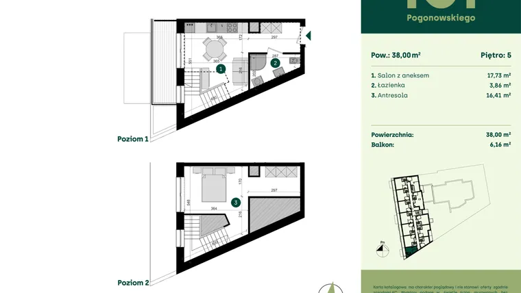 Rzut - Mieszkanie na sprzedaż 1 pokój o powierzchni 38 m² - numer POGO2/A/6D w Pogonowskiego 52