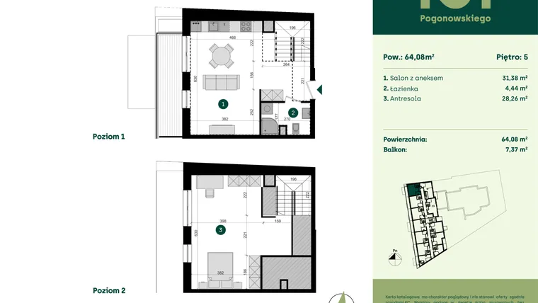 Rzut - Mieszkanie na sprzedaż 1 pokój o powierzchni 64,08 m² - numer POGO2/A/6J w Pogonowskiego 52