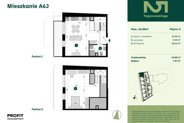 Rzut - Mieszkanie na sprzedaż 1 pokój o powierzchni 64,08 m² - numer POGO2/A/6J w Pogonowskiego 52
