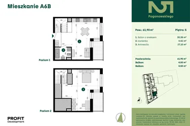 Rzut - Mieszkanie na sprzedaż 1 pokój o powierzchni 61,9 m² - numer POGO2/A/6B w Pogonowskiego 52