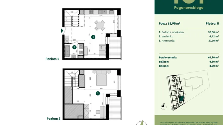 Rzut - Mieszkanie na sprzedaż 1 pokój o powierzchni 61,9 m² - numer POGO2/A/6B w Pogonowskiego 52