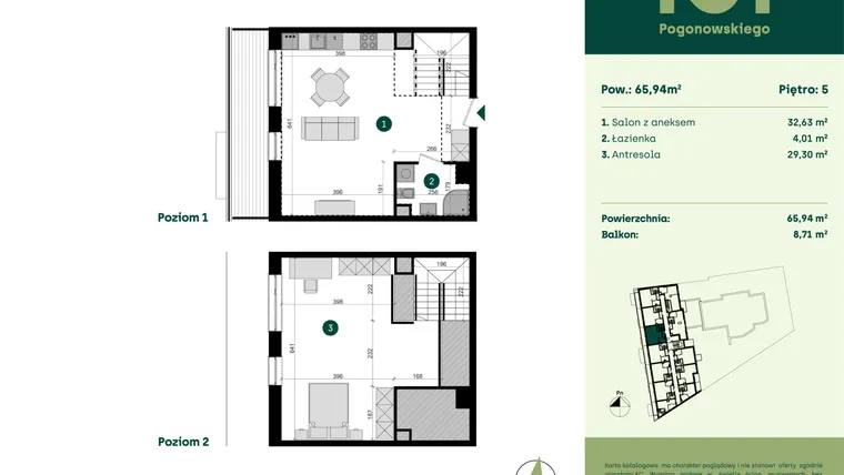 Rzut - Mieszkanie na sprzedaż 1 pokój o powierzchni 65,94 m² - numer POGO2/A/6H w Pogonowskiego 52