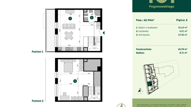 Rzut - Mieszkanie na sprzedaż 1 pokój o powierzchni 65,94 m² - numer POGO2/A/6F w Pogonowskiego 52