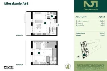 Rzut - Mieszkanie na sprzedaż 1 pokój o powierzchni 66,17 m² - numer POGO2/A/6E w Pogonowskiego 52