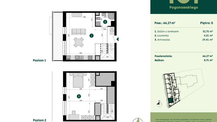 Rzut - Mieszkanie na sprzedaż 1 pokój o powierzchni 66,17 m² - numer POGO2/A/6E w Pogonowskiego 52
