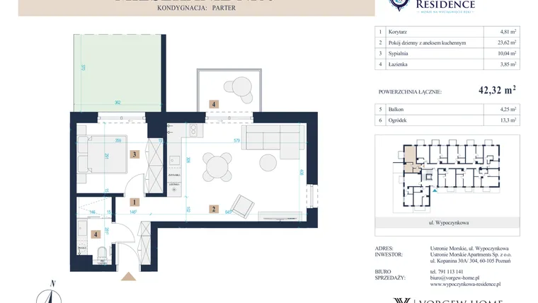 Rzut - Mieszkanie na sprzedaż 2 pokoje o powierzchni 42,32 m² - numer 9 w Wypoczynkowa Residence
