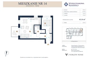 Rzut - Mieszkanie na sprzedaż 2 pokoje o powierzchni 41,16 m² - numer 14 w Wypoczynkowa Residence