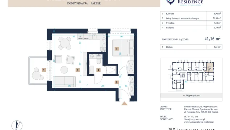 Rzut - Mieszkanie na sprzedaż 2 pokoje o powierzchni 41,16 m² - numer 14 w Wypoczynkowa Residence