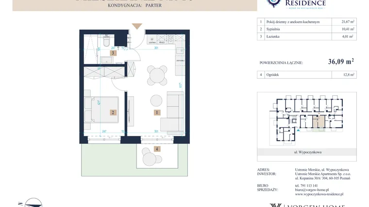 Rzut - Mieszkanie na sprzedaż 2 pokoje o powierzchni 35,83 m² - numer 16 w Wypoczynkowa Residence