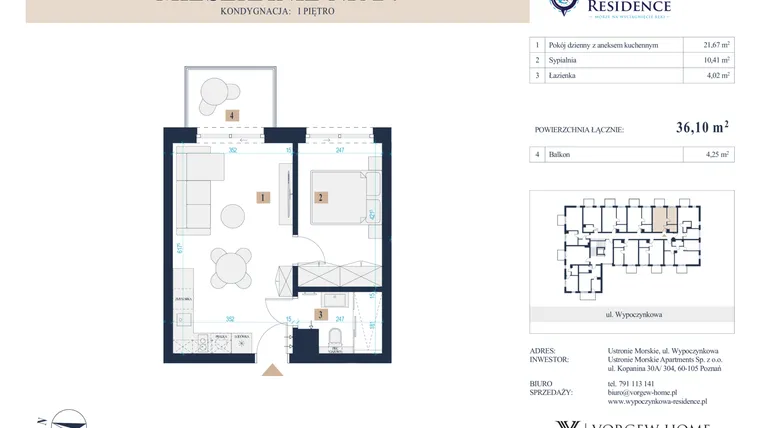 Rzut - Mieszkanie na sprzedaż 2 pokoje o powierzchni 36,1 m² - numer 24 w Wypoczynkowa Residence