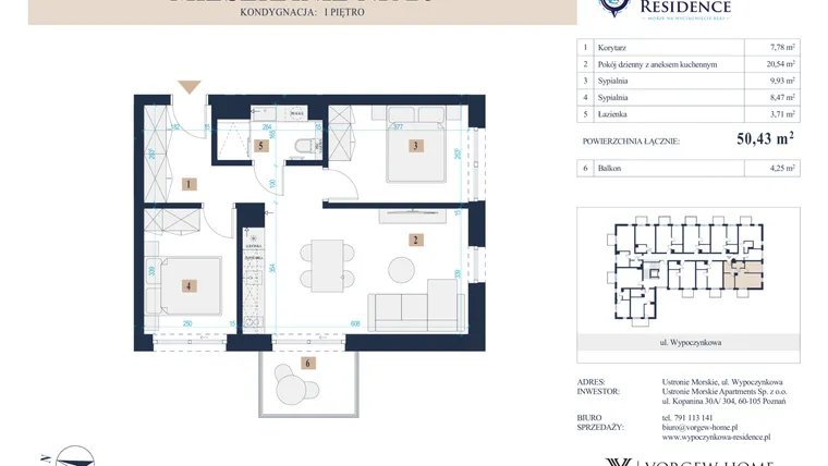 Rzut - Mieszkanie na sprzedaż 3 pokoje o powierzchni 50,43 m² - numer 26 w Wypoczynkowa Residence