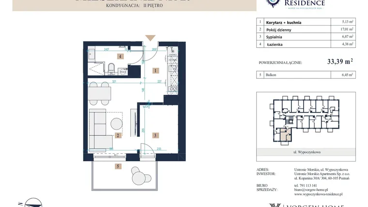 Rzut - Mieszkanie na sprzedaż 2 pokoje o powierzchni 33,39 m² - numer 29 w Wypoczynkowa Residence